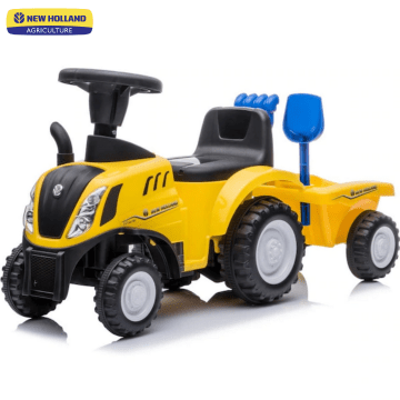 Tractor con asiento New Holland con remolque amarillo