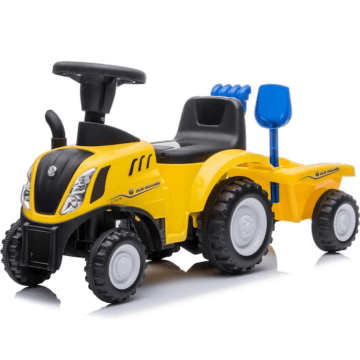 Tractor con asiento New Holland con remolque amarillo